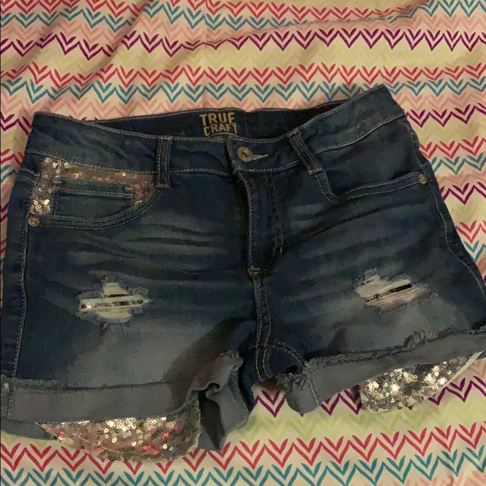 Ripped Sequins Jean Shorts